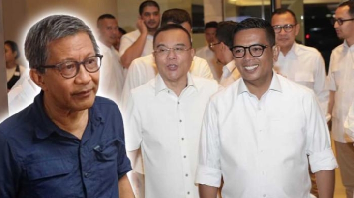 Gubernur Banten Andra Soni berrangkulan dengan Wakil Ketua DPR RI Sufmi Dasco Ahmad dan foto Rocky Gerung. Rocky memuji sikap Andra Soni pada kasus di SMAN 1 Cimarga. Foto: Ist